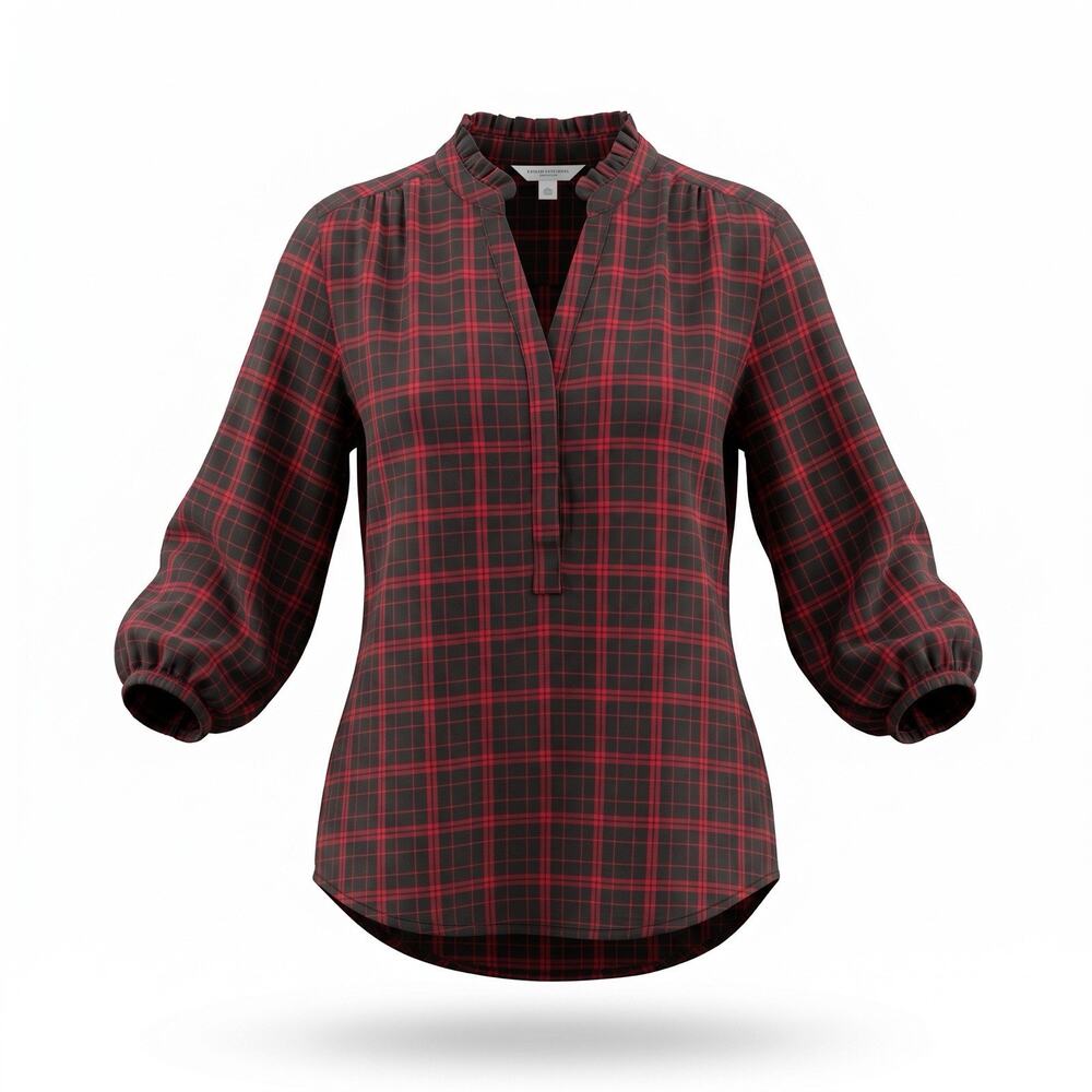 Counterparts Plaid Tunic Blouse Womens Large Red Black Ruffle Neck 3/4 Sleeve